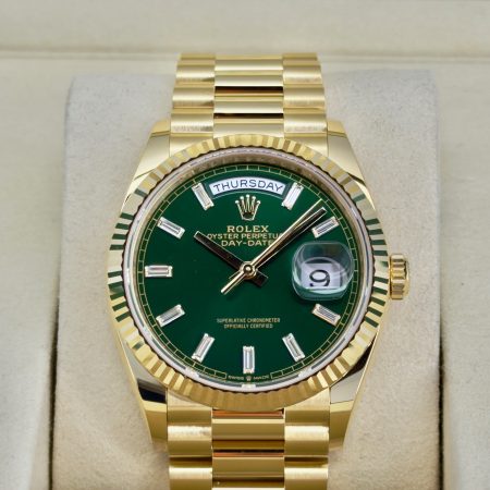 Front Face Pre-Owned Rolex Day-Date Green Baguette 128238 Box and Papers