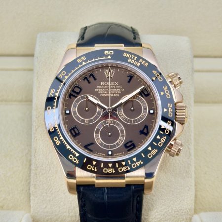 Front Face Pre-Owned Rolex Chocolate Arabic Daytona 116515 Box and Papers