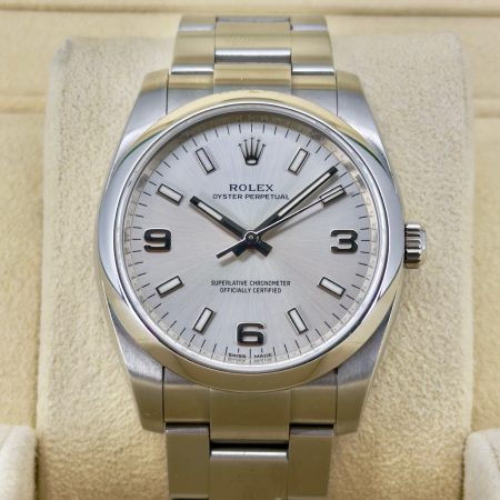 Front Face Pre-Owned Rolex Oyster Perpetual 114200 Watch and Box