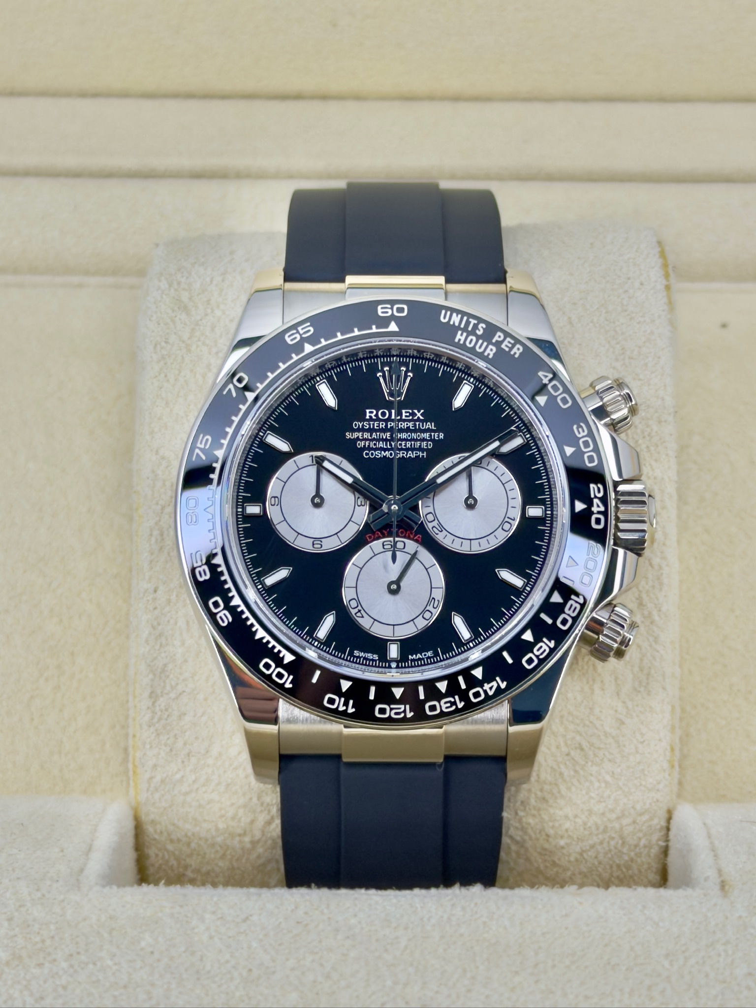 Front Face Pre-Owned Rolex Daytona 126519LN “Baby Le Mans” Box and Papers