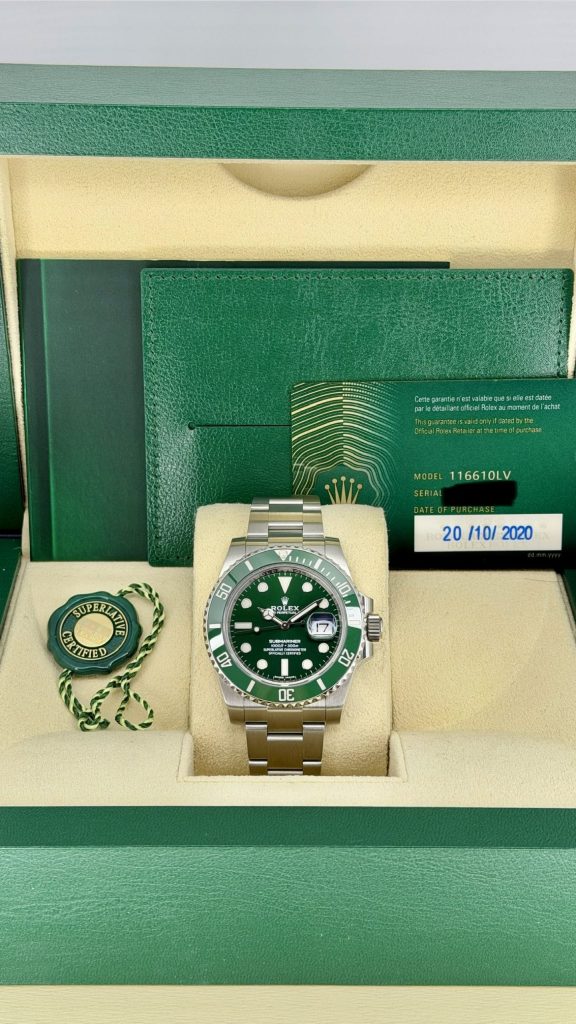 Image of a 2020 Rolex Submariner 116610LV “Hulk” full set