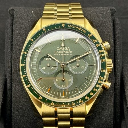 Front Face Pre-Owned Omega Speedmaster Moonshine Gold box and papers