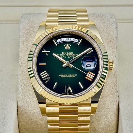 Front Face Pre-Owned Rolex Day-Date 228238 Green Dial Box and Papers