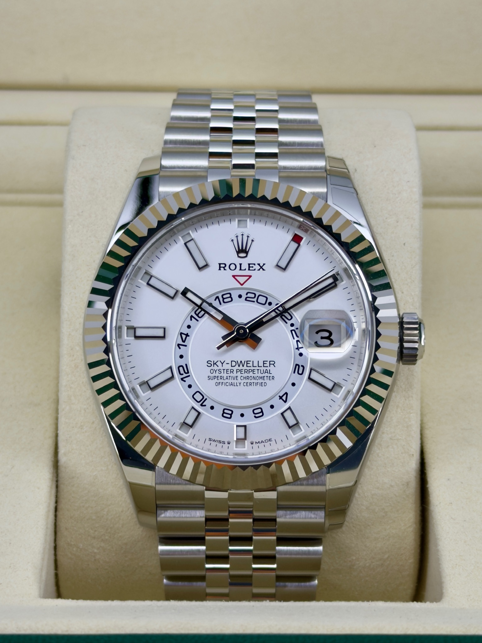 Front Face Pre-Owned Rolex Sky-Dweller 336934 Box and Papers