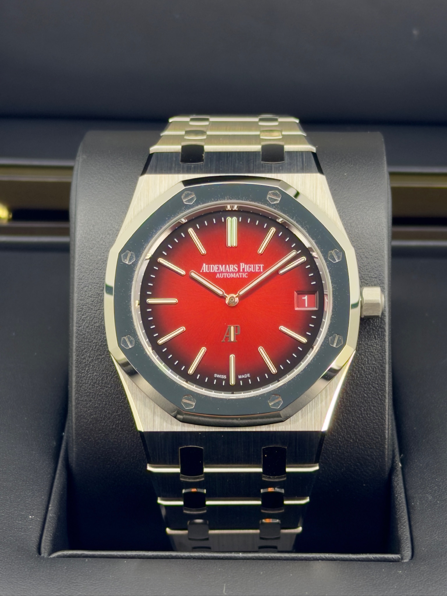 Front Face Pre-Owned Audemars Piguet Royal Oak Jumbo 16202XT Box and Papers