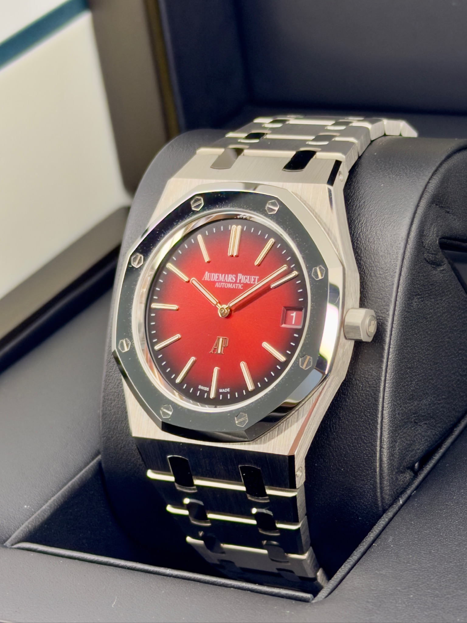 Side Face Pre-Owned Audemars Piguet Royal Oak Jumbo 16202XT Box and Papers