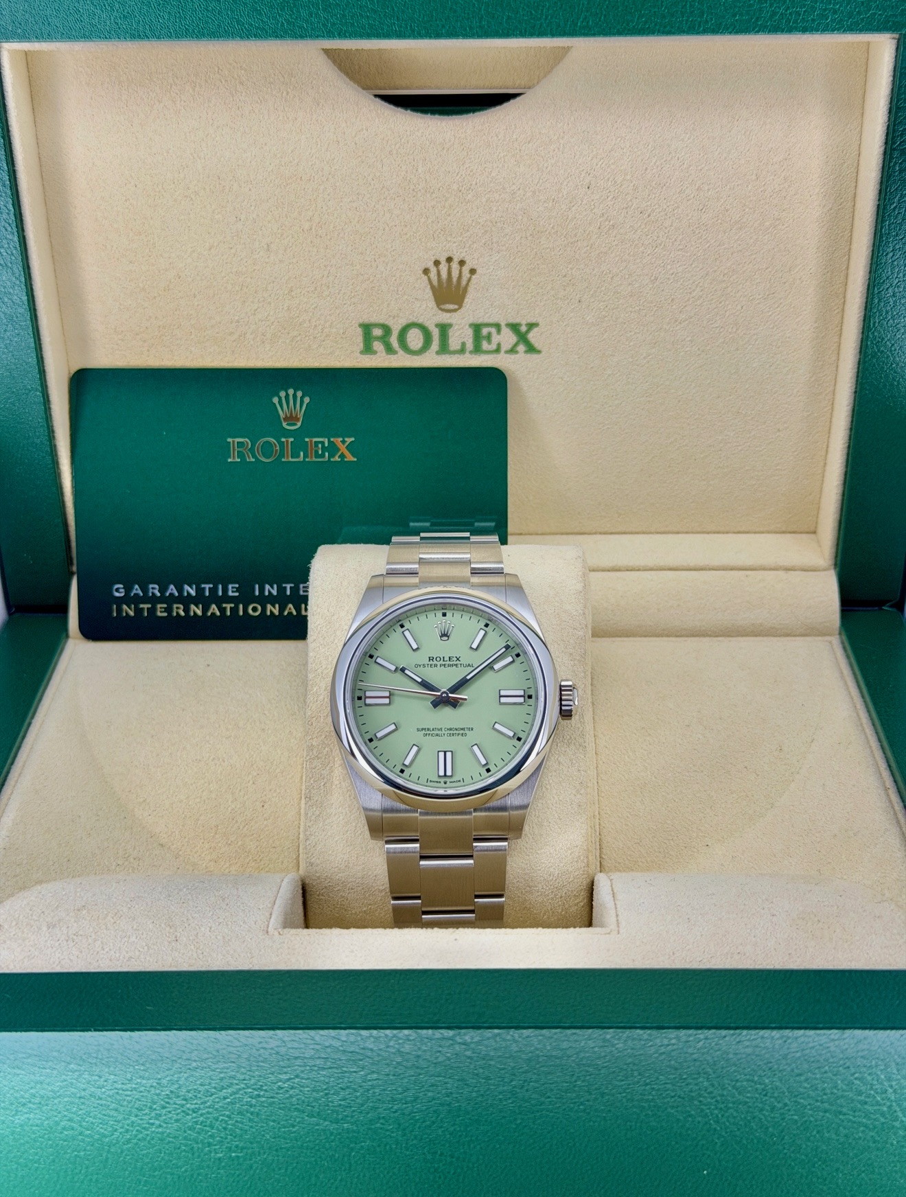 Box and Papers Like-New Rolex Oyster Perpetual Pistachio 13400 Box and Papers