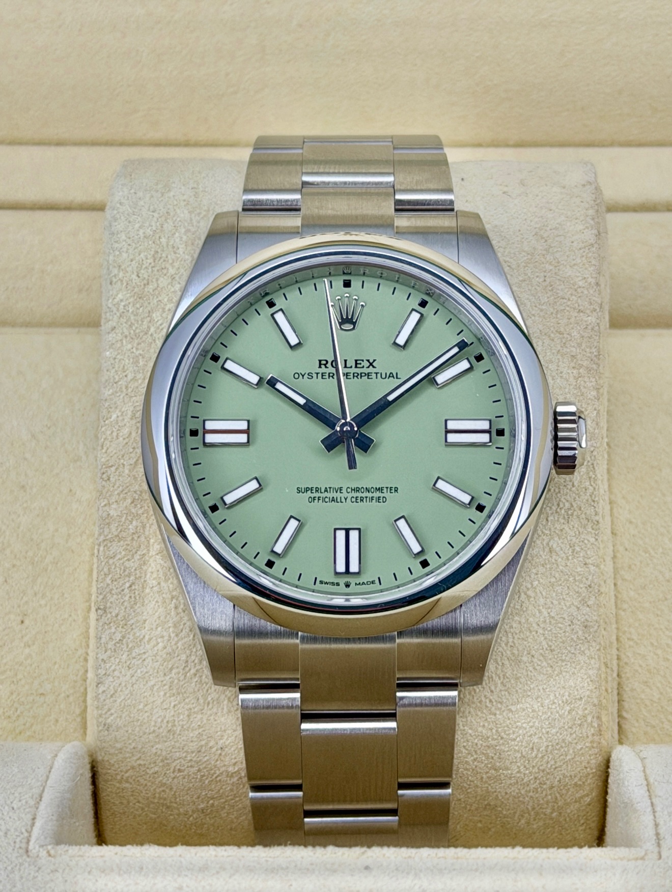 Front Face Like-New Rolex Oyster Perpetual Pistachio 13400 Box and Papers