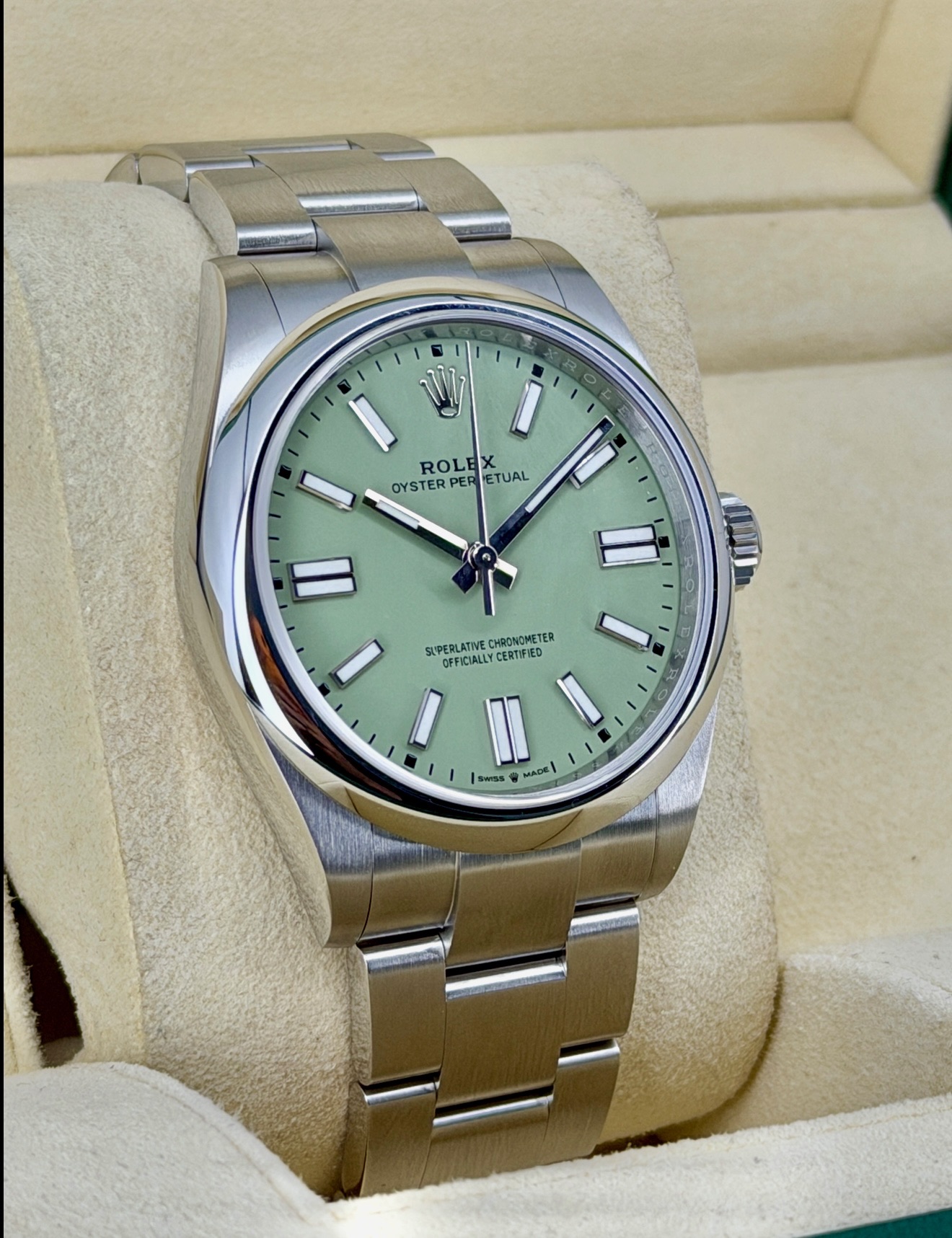 Side Face 2 Like-New Rolex Oyster Perpetual Pistachio 13400 Box and Papers