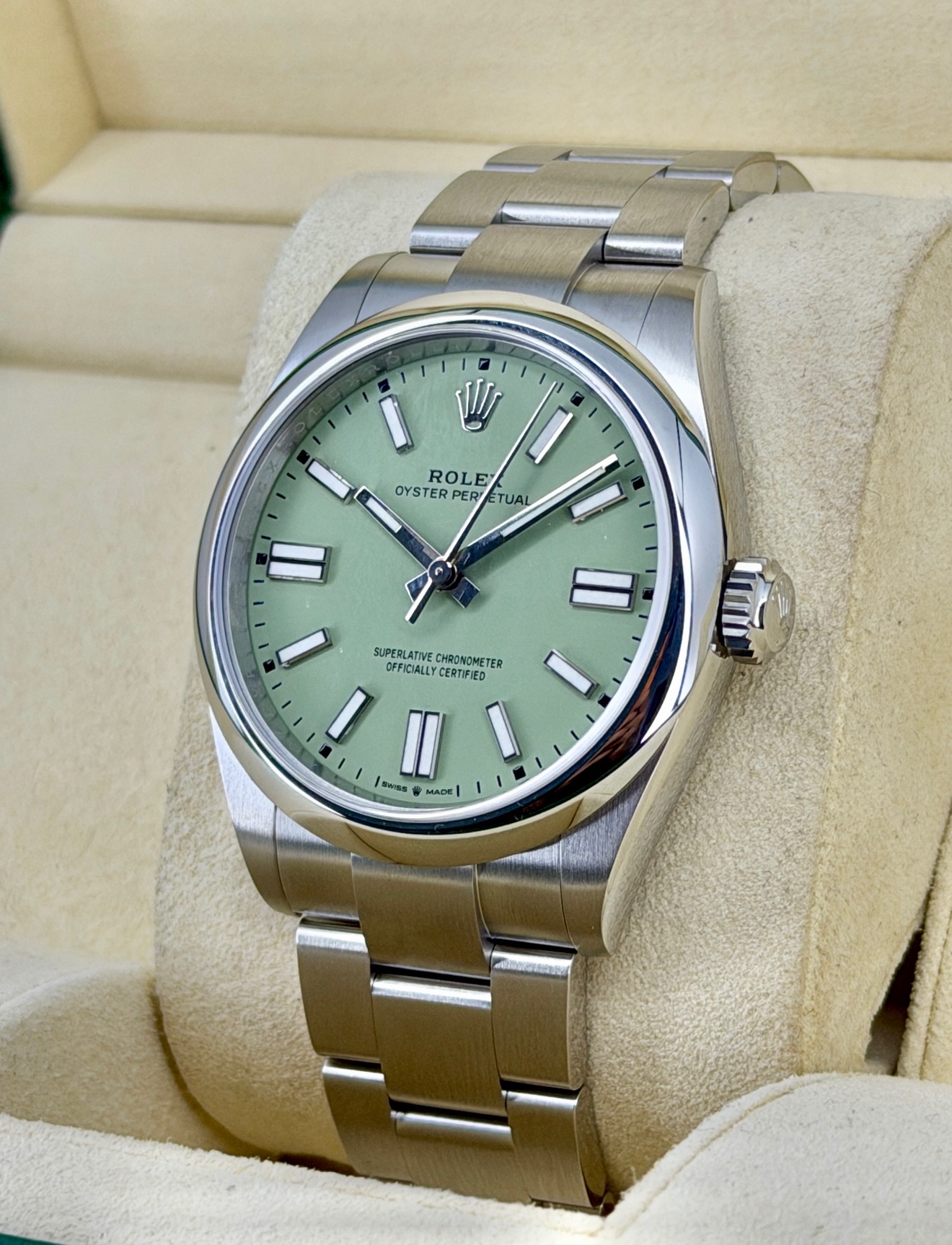Side Face Like-New Rolex Oyster Perpetual Pistachio 13400 Box and Papers