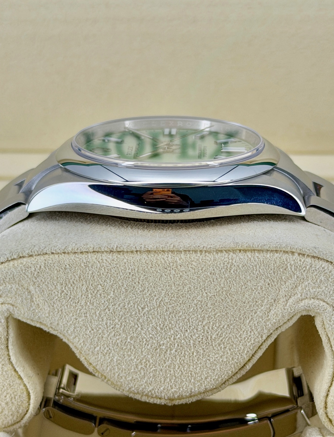 Side Shot 2 Like-New Rolex Oyster Perpetual Pistachio 13400 Box and Papers