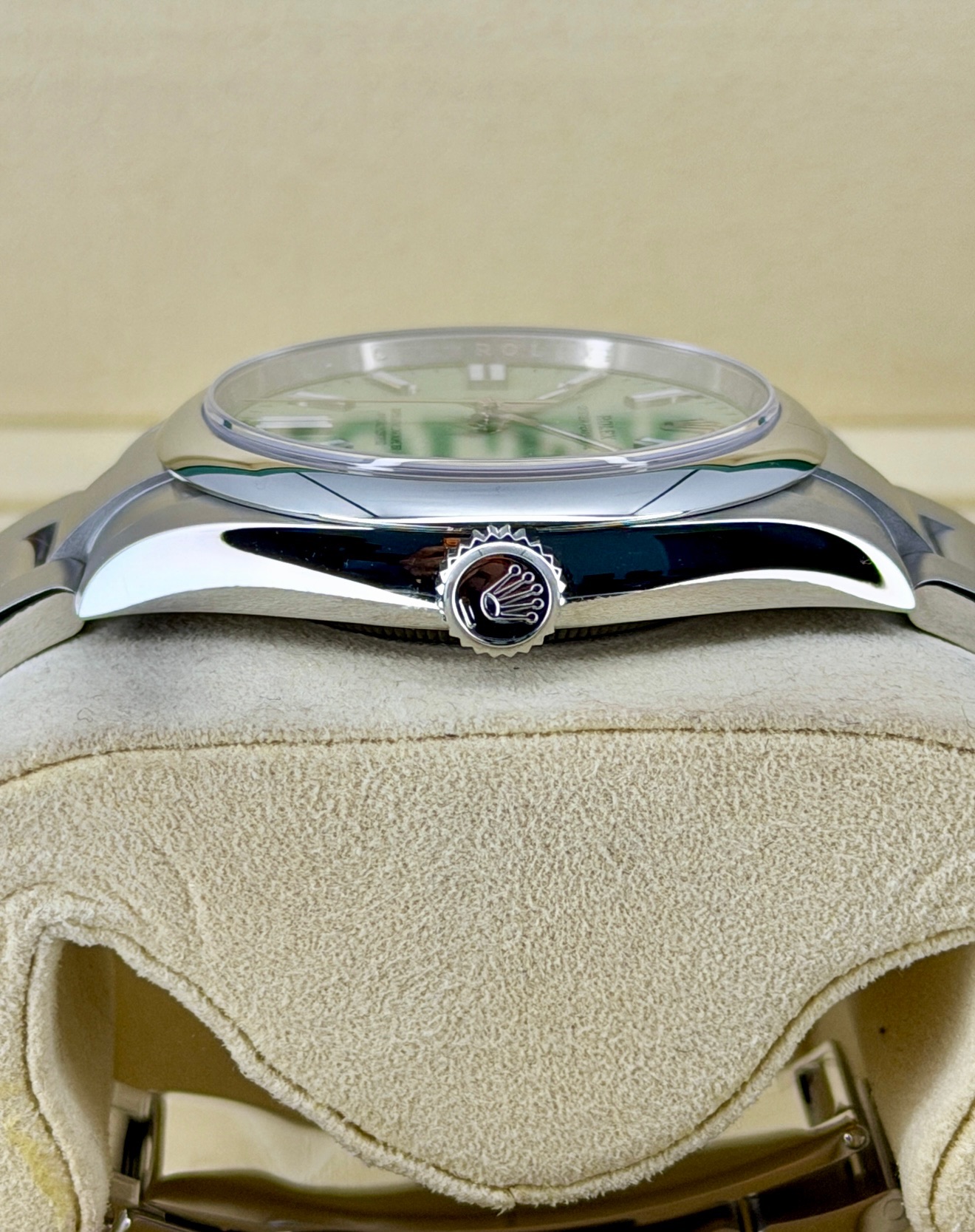 Side Shot Like-New Rolex Oyster Perpetual Pistachio 13400 Box and Papers