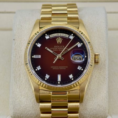 Front Face Pre-Owned Rolex Day-Date 18038 Box and Papers