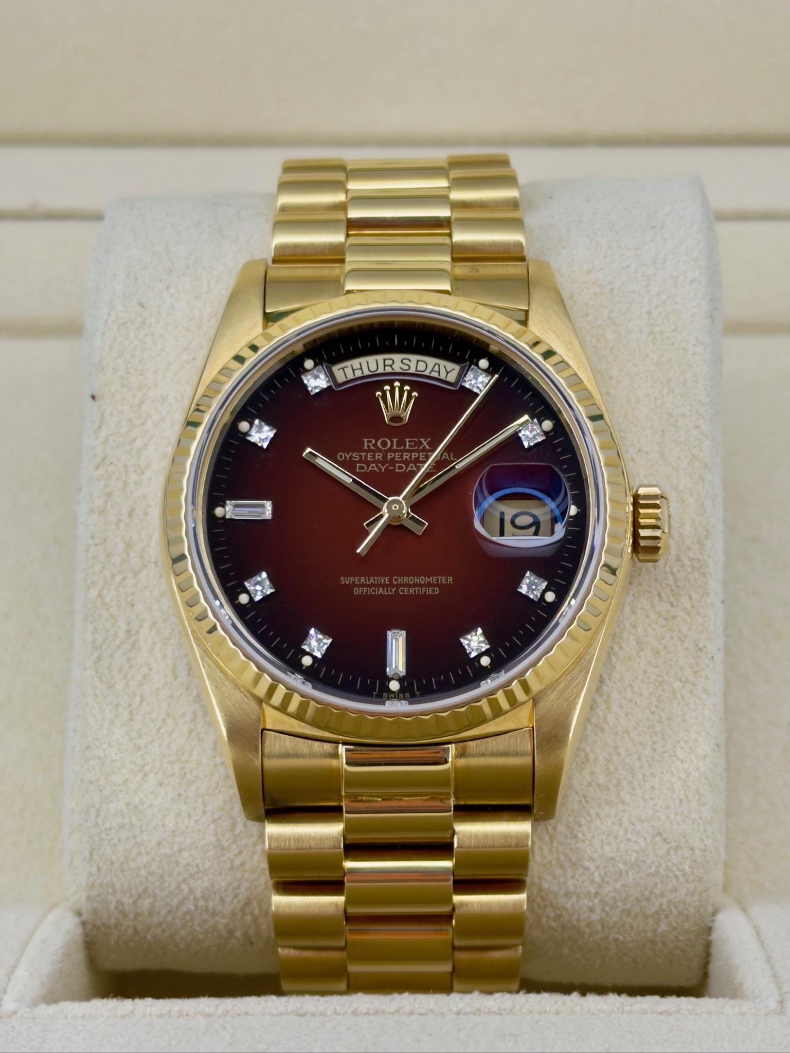 Front Face Pre-Owned Rolex Day-Date 18038 Box and Papers