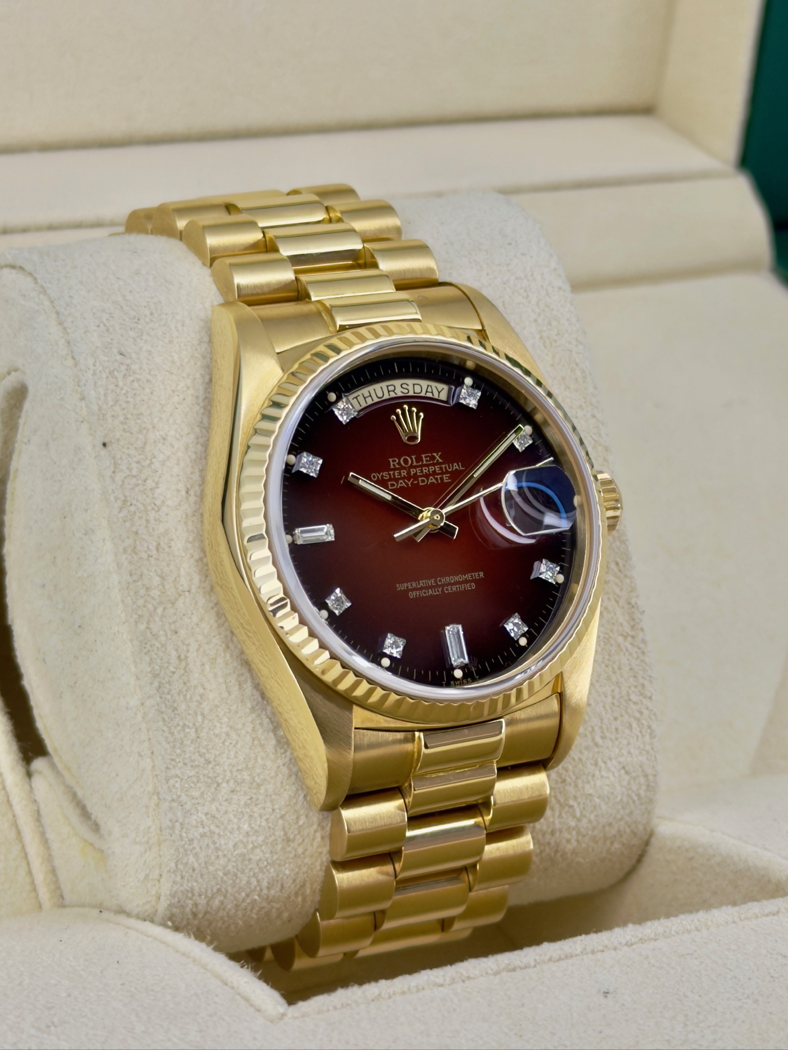Side Face 2 Pre-Owned Rolex Day-Date 18038 Box and Papers