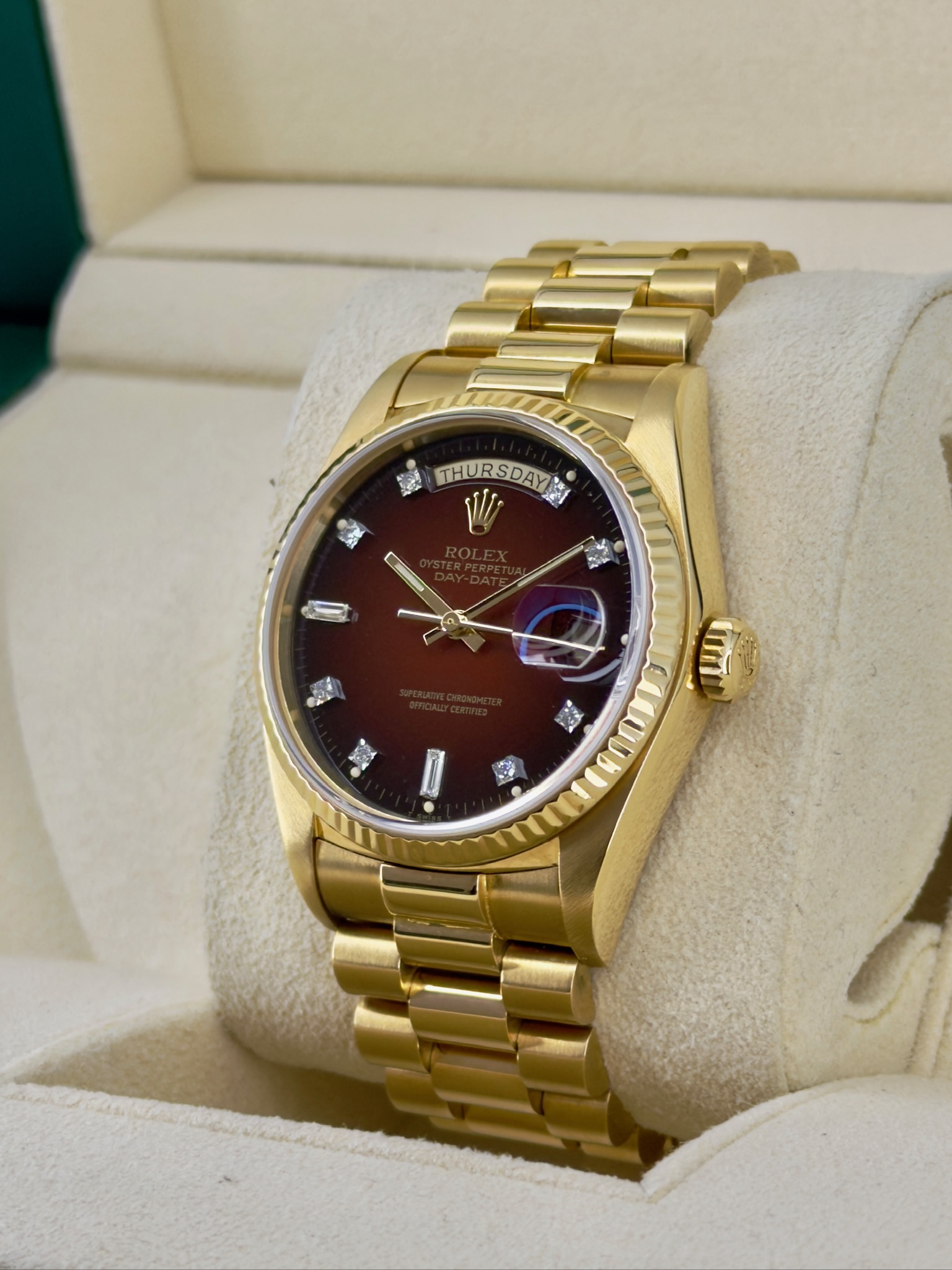 Side Face Pre-Owned Rolex Day-Date 18038 Box and Papers