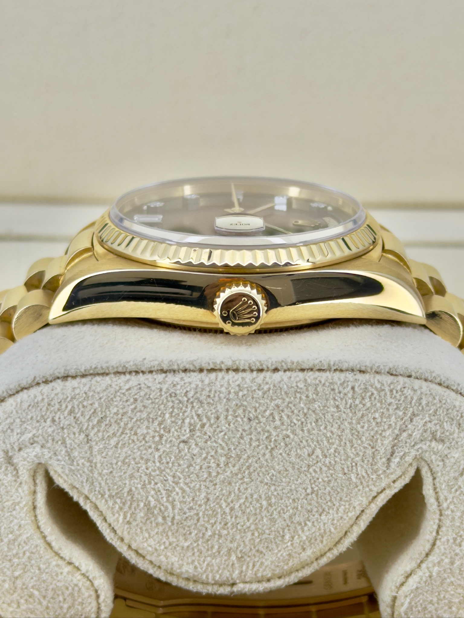 Side Shot Pre-Owned Rolex Day-Date 18038 Box and Papers