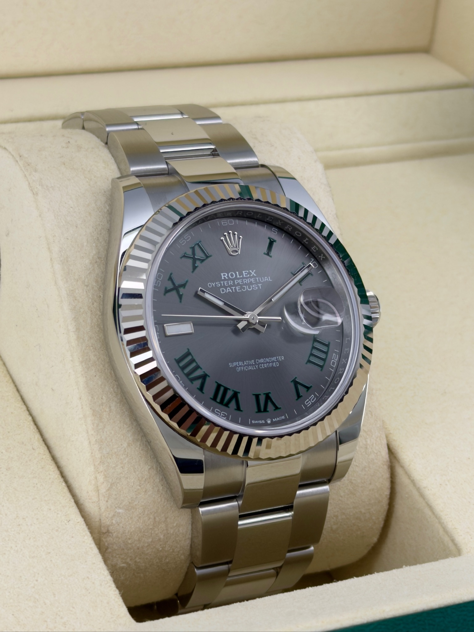 Side Face 2 Pre-Owned Rolex Datejust Wimbledon 126334 Box and Papers