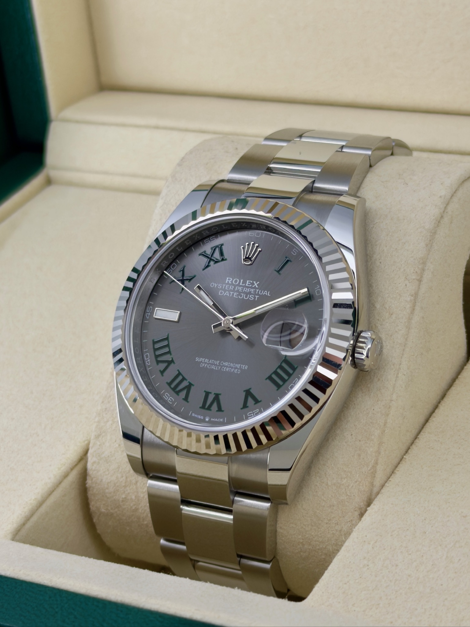 Side Face Pre-Owned Rolex Datejust Wimbledon 126334 Box and Papers