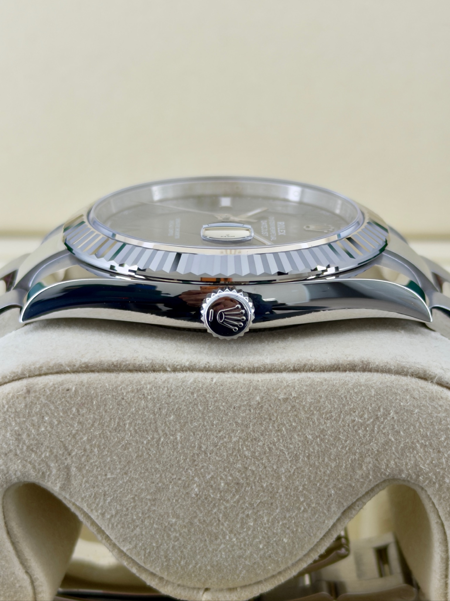 Side Shot Pre-Owned Rolex Datejust Wimbledon 126334 Box and Papers